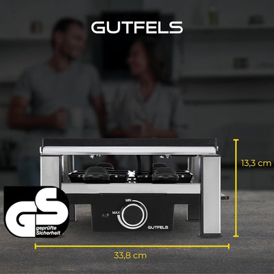 GUTFELS 4-Pfännchen-Raclette RACLETTE 4010 | Für bis zu 4 Personen | Antihaftbeschichtung | Wendepla