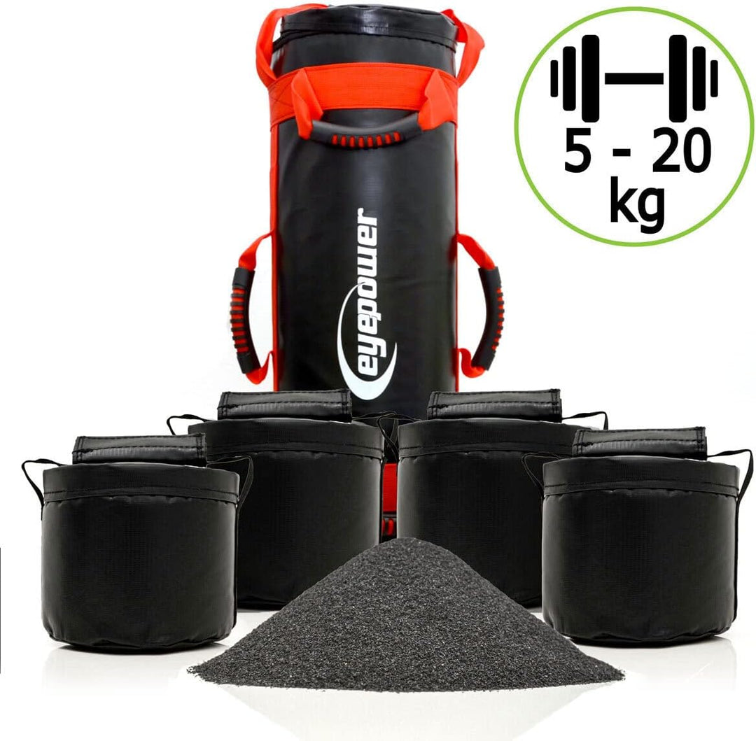eyepower 20kg Profi Power Bag + 4 Wasserdichte Kettlebell Gewichte mit Eisensand - Besser als Geräte