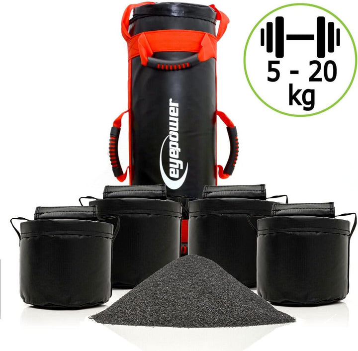 eyepower 20kg Profi Power Bag + 4 Wasserdichte Kettlebell Gewichte mit Eisensand - Besser als Geräte