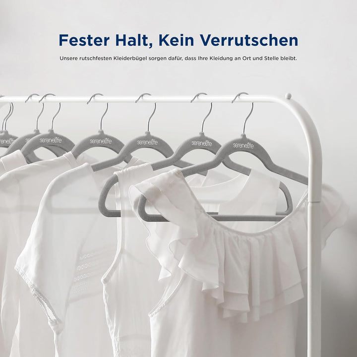 SereneLife Graue Kleiderbügel Samt 100 Stück, Kleiderhaken für Aufbewahrung &amp; Organisation, Bügel ru
