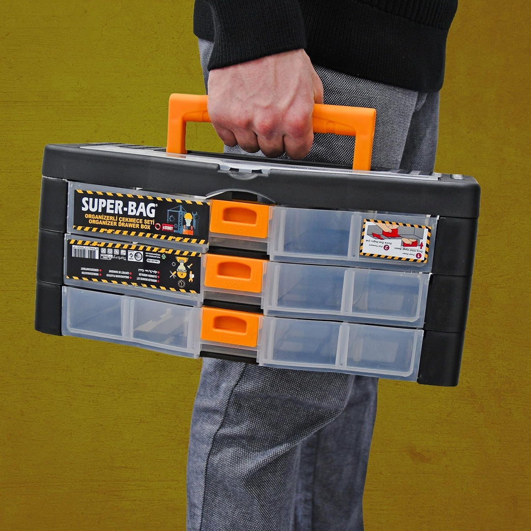 Werkzeugkoffer Kleinteile Organizer 3 Schubladen 390x190x170mm Sortierkasten 16 Innenfächer verstell