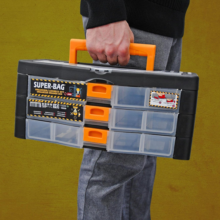 Werkzeugkoffer Kleinteile Organizer 3 Schubladen 390x190x170mm Sortierkasten 16 Innenfächer verstell
