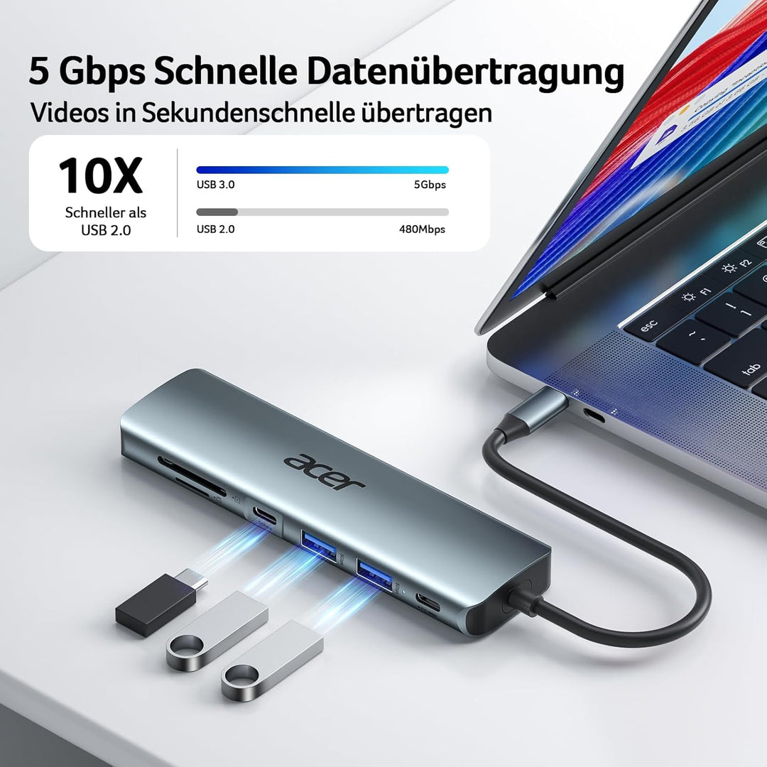 acer USB C Hub, 7IN1 USB-C auf 4K HDMI, 2xUSB 3.0, 1x Typ C 5Gbps, 100W PD, SD/TF Katenleser, Alumin