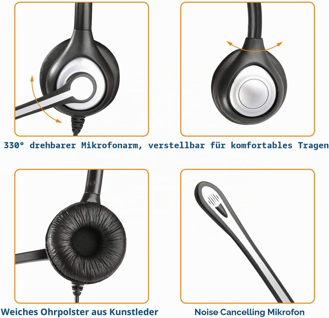 Wantek Telefon Headset Binaural mit Noise Cancelling Mikrofon, Call Center Kopfhörer für Gigaset Pan