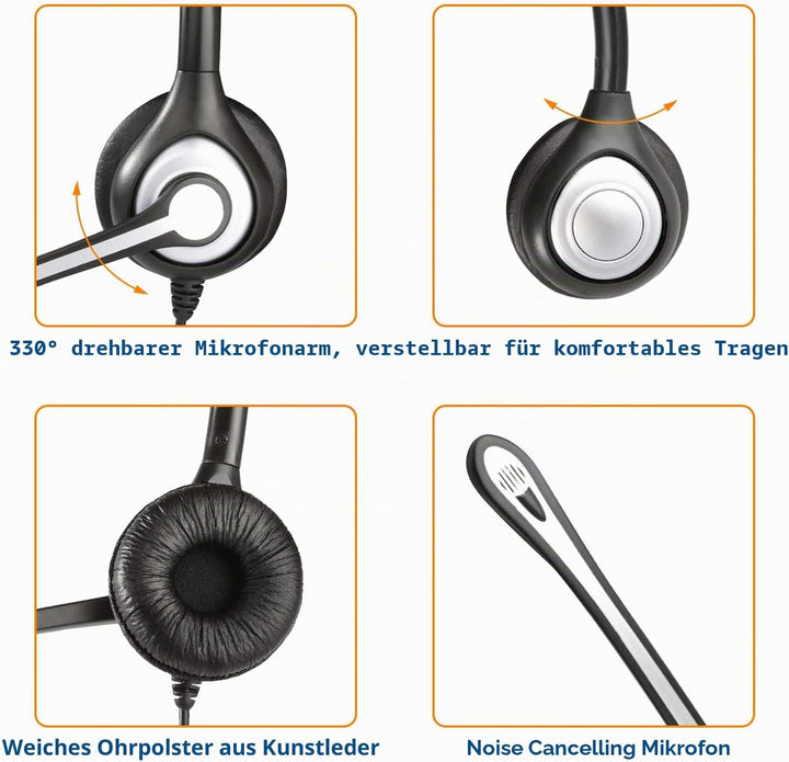 Wantek Telefon Headset Binaural mit Noise Cancelling Mikrofon, Call Center Kopfhörer für Gigaset Pan