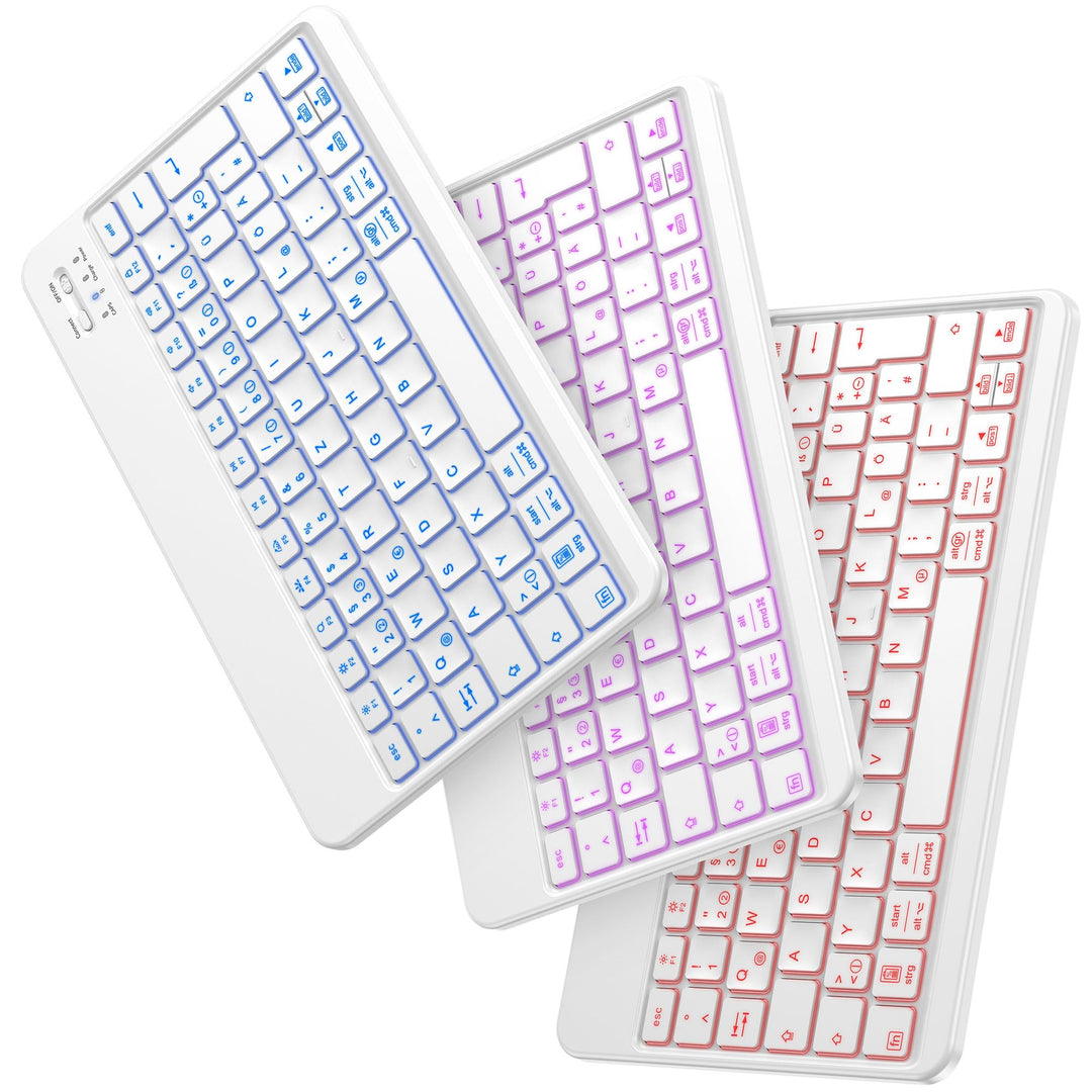 Emetok deutsche Bluetooth Tastatur für alle iPad-Modelle/iPhone/Android, Wiederaufladbar mit 7 Farbi