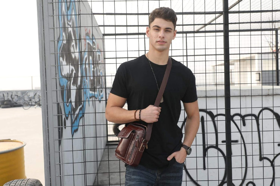 BULLCAPTAIN Herren Sling Bag Tasche Leder, Echtes Leder Schultertasche Hochformat Umhängetasche zum