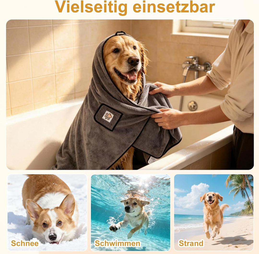 Hundehandtuch 2er Set, Hunde Handtuch Extra Saugfähig, Mikrofaser-Handtücher mit Griffaschen und Tas