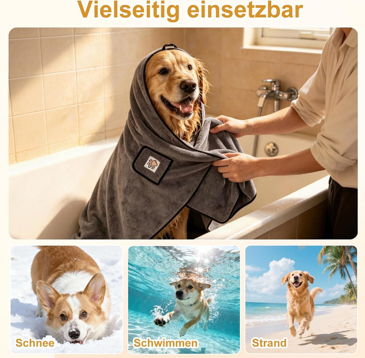Hundehandtuch 2er Set, Hunde Handtuch Extra Saugfähig, Mikrofaser-Handtücher mit Griffaschen und Tas