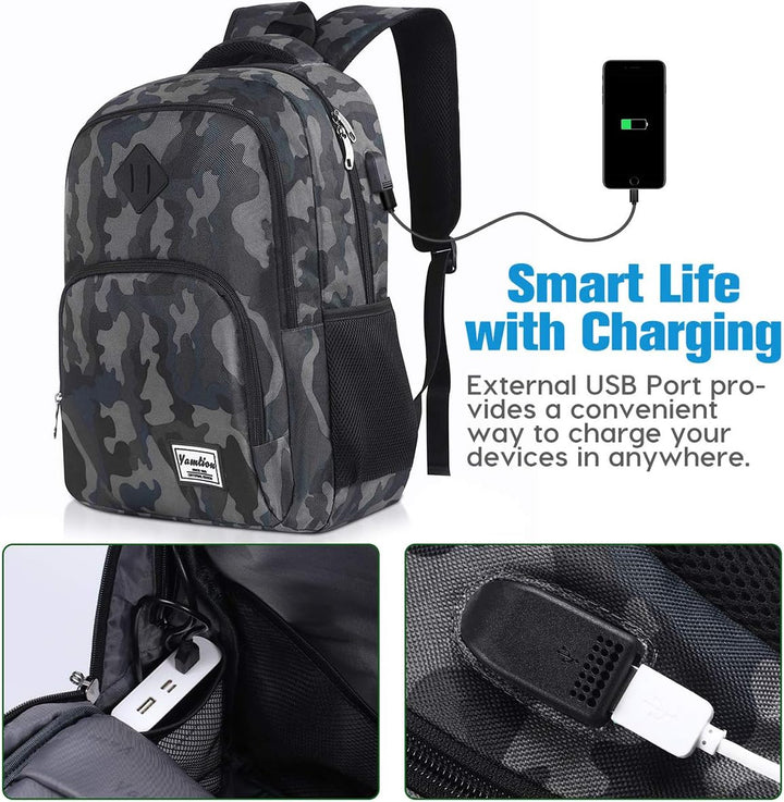 YAMTION Rucksack Jungs,Schule Rucksack Laptop Rucksack mit USB-Ladeanschluss für Herren Studenten 15