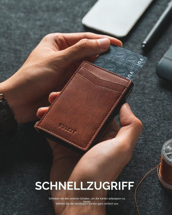 VULKIT Kreditkartenetui Leder Kartenetui RFID Blocking Automatische Pop Up Visitenkartenetui für Kar