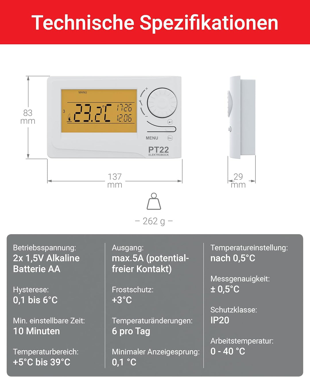 Elektrobock Digitaler Raumthermostat, PT22, 15,5x11x4 cm