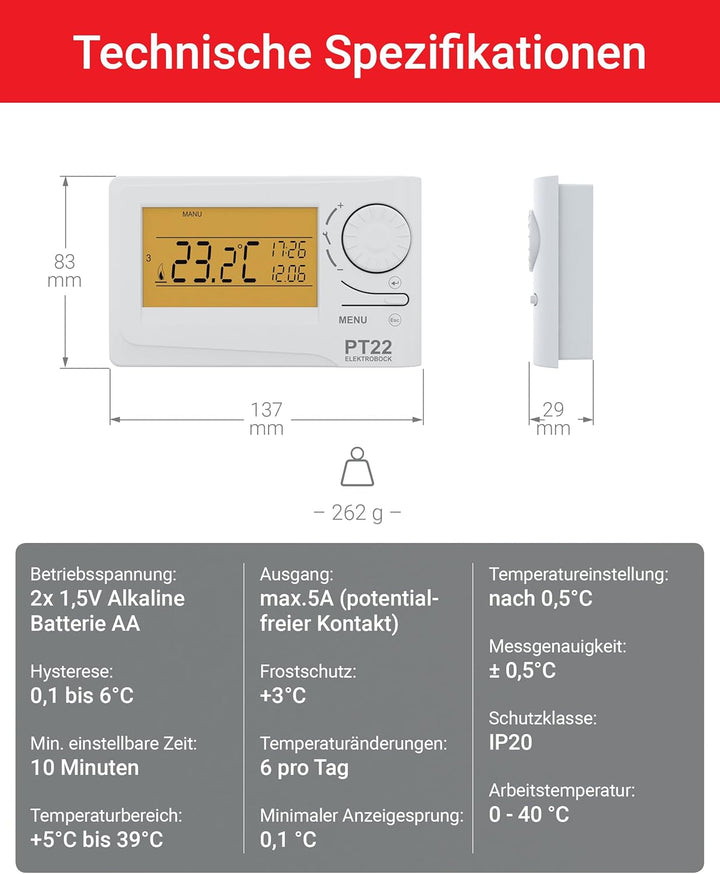 Elektrobock Digitaler Raumthermostat, PT22, 15,5x11x4 cm