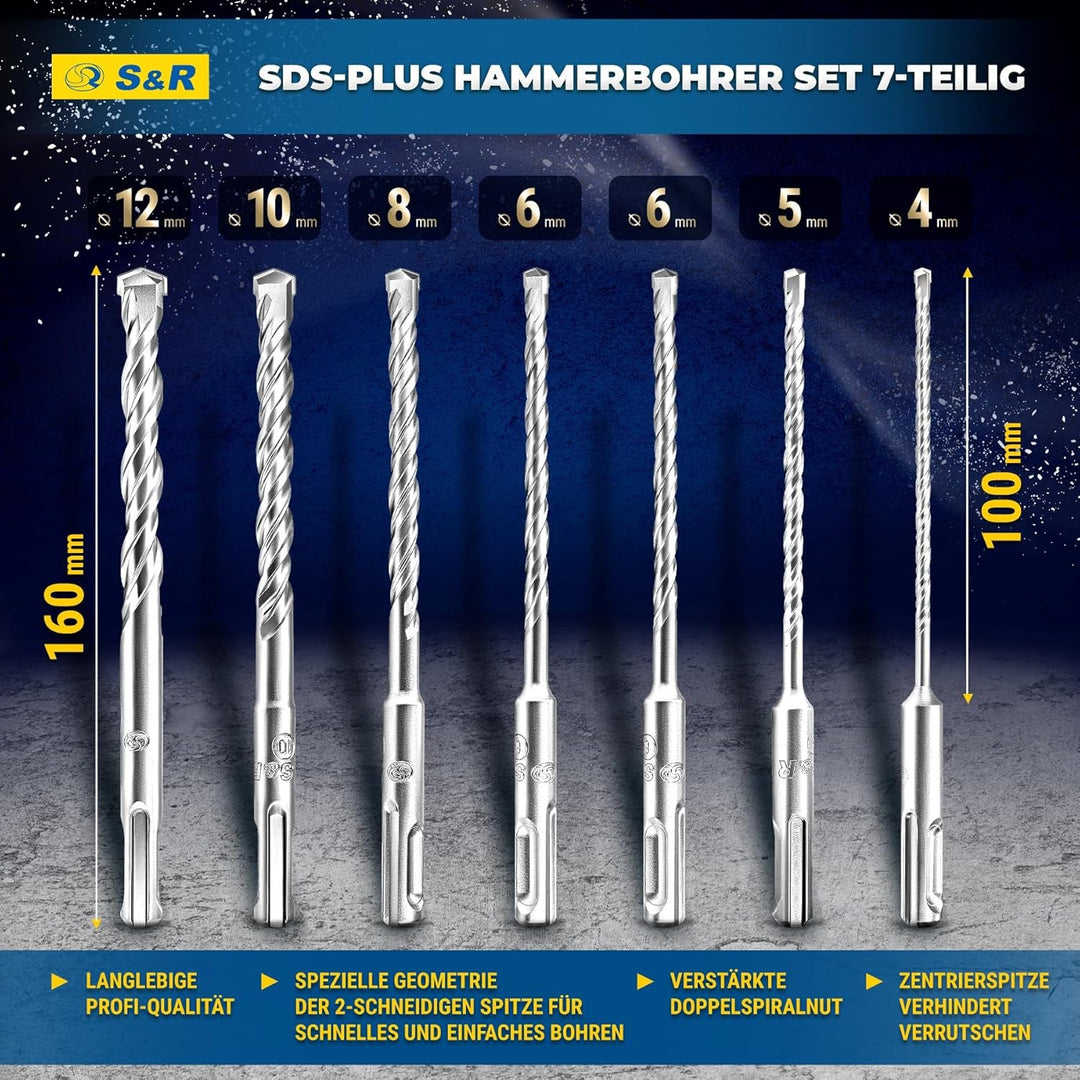 S&R Hammerbohrer, Steinbohrer/Betonbohrer SDS-Plus, Set 7-tlg (4-12mm) für Bohrhammer. Mit 2-Kant-Ho