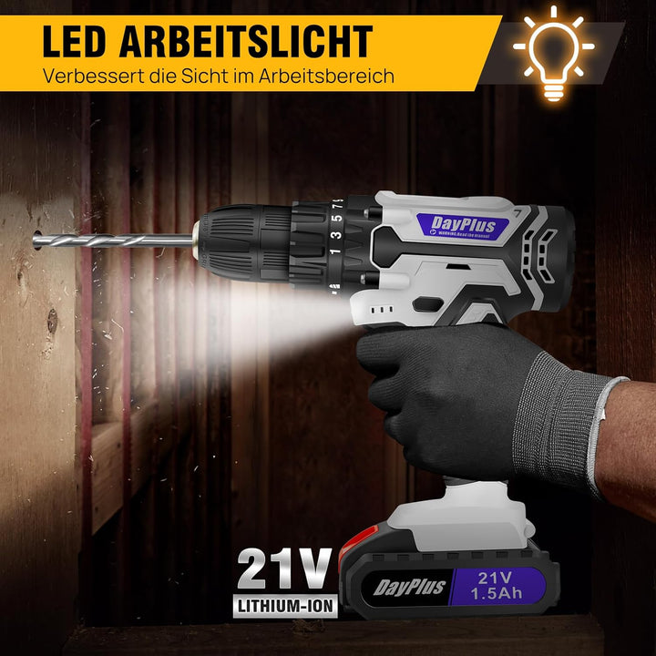 21V Akku Bohrschrauber Set,Weiss Akkuschrauber Set mit 2 * 1500mAh Akku,Akkubohrer 45Nm Drehmoment，2
