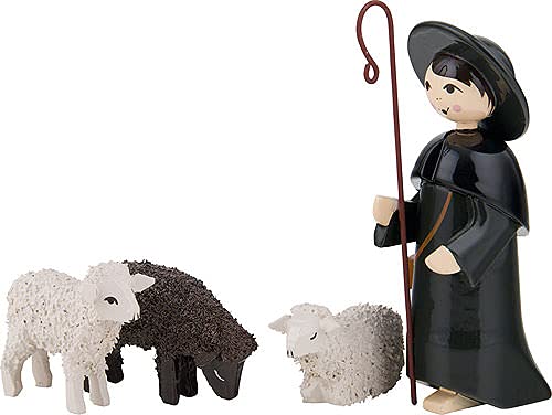 Ulmik Hirte mit 3 Schafen farbig - 7 cm