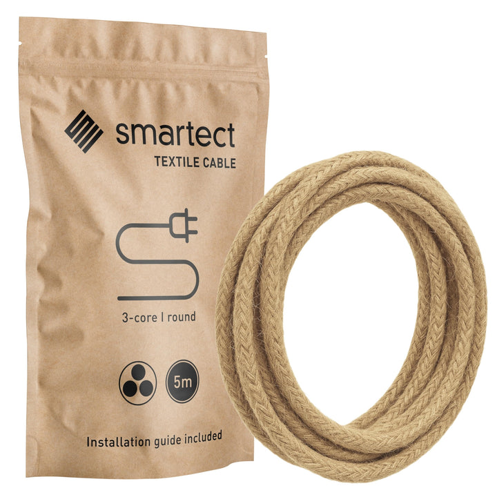smartect Textilkabel 3-Adrig (3 x 0.75 mm²) Jute, 5 Meter | Vintage Lampenkabel Stoff, Stromkabel te