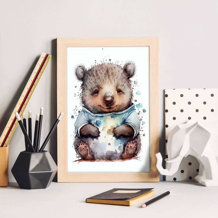Nacnic Wombat Poster im Aquarellstil. Illustrationen von niedlichen Tierbabys auf weissen Hintergrün