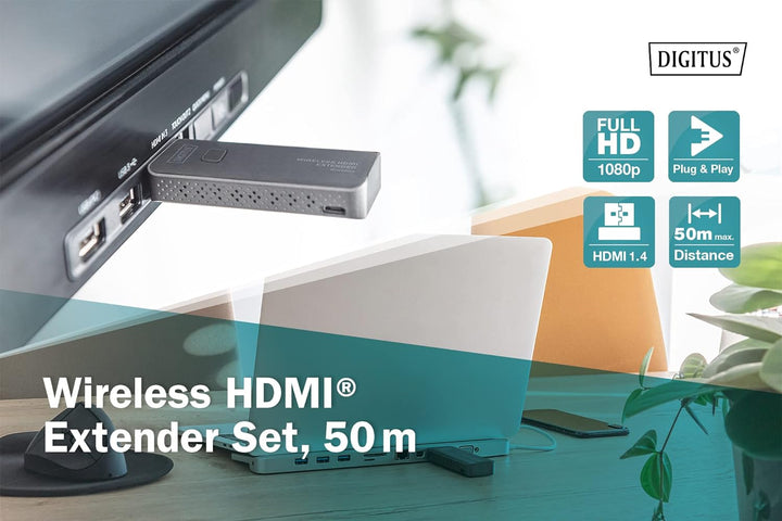DIGITUS Wireless HDMI-Extender - 50 m Reichweite - Full-HD 1080p 60 Hz - Punkt-zu-Punkt - Plug&Play