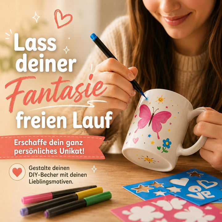 Keramik Bemalen Set – 2 Keramikbecher 12 Porzellanstifte (schnelltrocknend) 12 Design-Schablonen Ker
