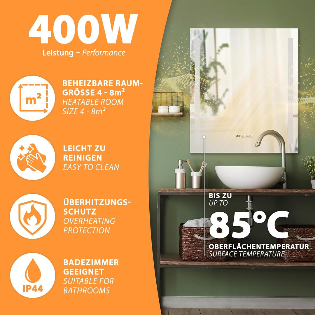 Infrarot Spiegelheizung Heizspiegel LM400-Pro 70x80cm 400W mit Beleuchtung, Tuya Smart App, Antibesc