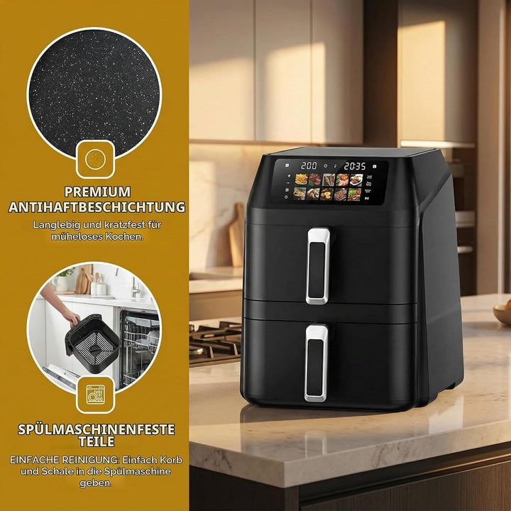 Airfryer, Heissluftfritteuse 2 Kammern, 12 L Heissluftfritteuse, Innovative Mehrfach-Luftgeschwindig