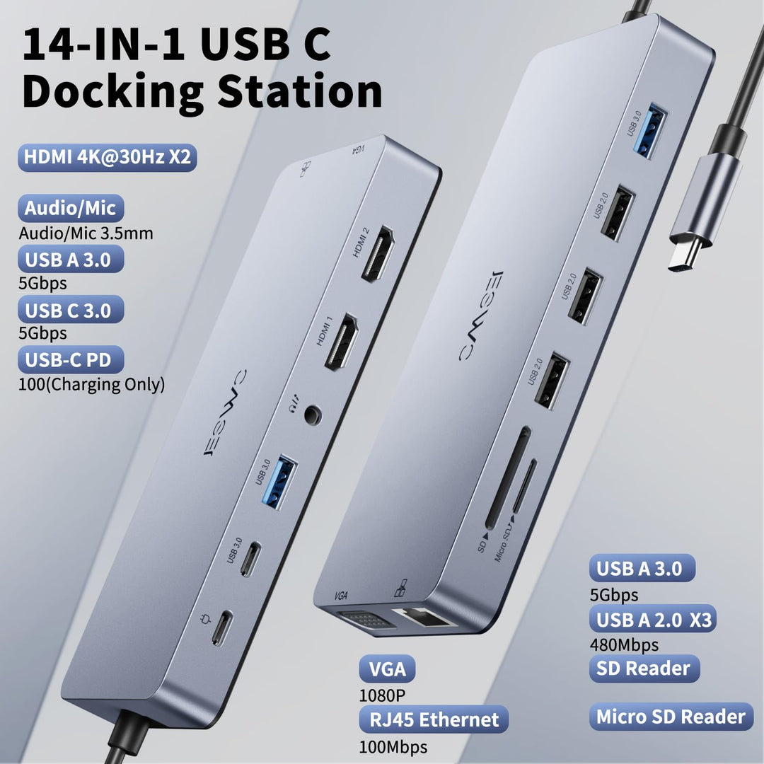 Dockingstation Laptop 2 Monitore, 14-in-1 Docking Station USB C Hub mit 2 HDIM 4K Adapter,VGA,100W P