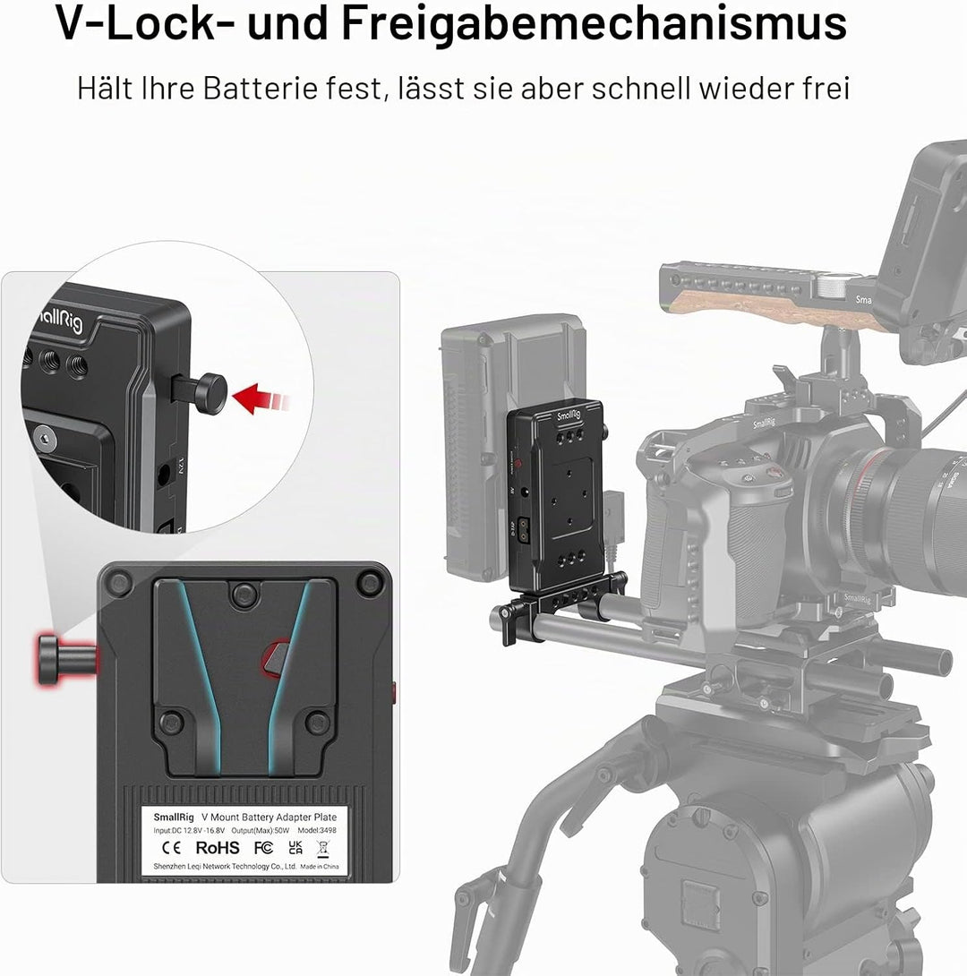 SMALLRIG V-Mount Akkuplattenadapter mit doppelter 15-mm-Stabklemme, für spiegellose/DSLR-Kamera, für