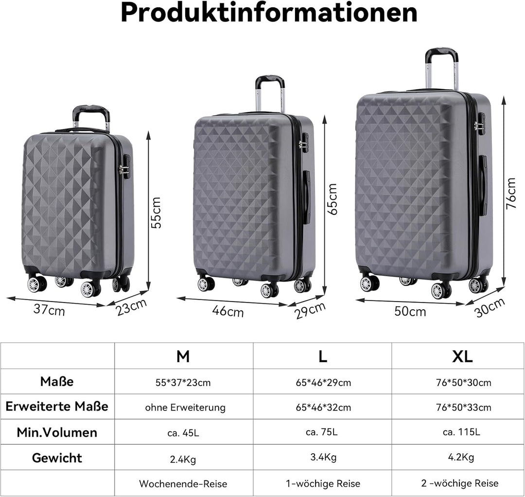 BEIBYE Zwillingsrollen 2066 Hartschale Trolley Koffer Reisekoffer Gepäck M-L-XL-Set (Business Grey,