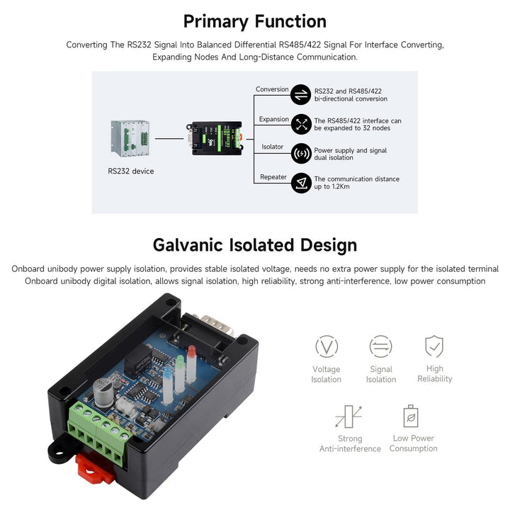 Waveshare RS232 To RS485/422 Active Digital Isolated Converter, Onboard SP3232EEN&SP485EEN Chip, RS2