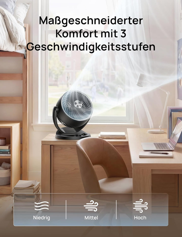 Dreo 28dB leiser Tischventilator, 30cm hoher Ventilator mit Kühlung, 3 Geschwindigkeiten 21m Luftstr