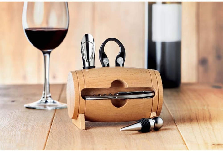 noTrash2003 Weinset Sommelierset Weinzubehör im edlen Holzfass mit Kellnermesser, Flaschenverschluss