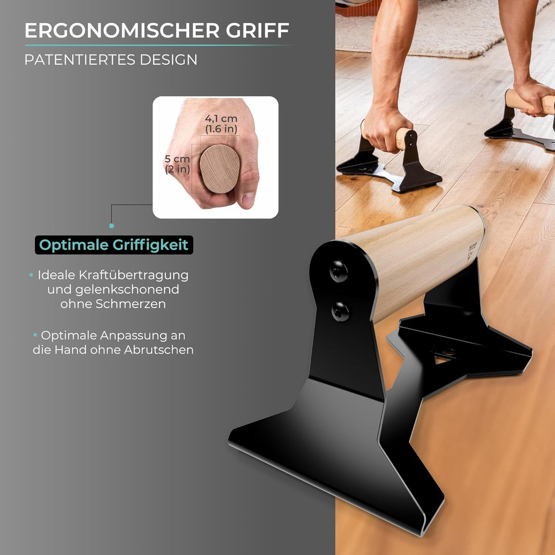 PULLUP & DIP Liegestützgriffe mit ergonomischem Holz Griff und hochbelastbarem Stahl - Rutschfeste P