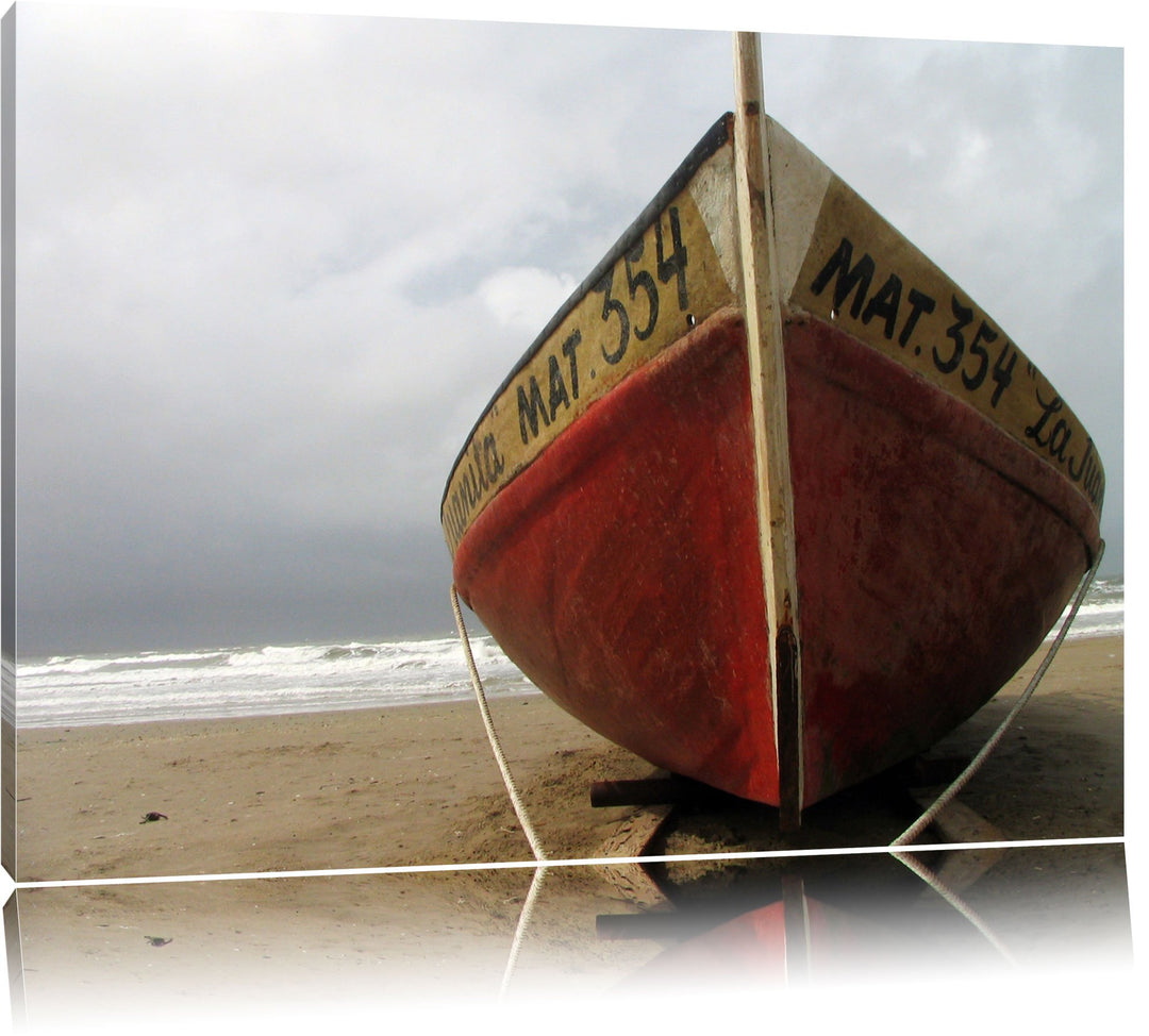 Pixxprint kleines Segelboot am Strand auf Leinwand, XXL riesige Bilder fertig gerahmt mit Keilrahmen