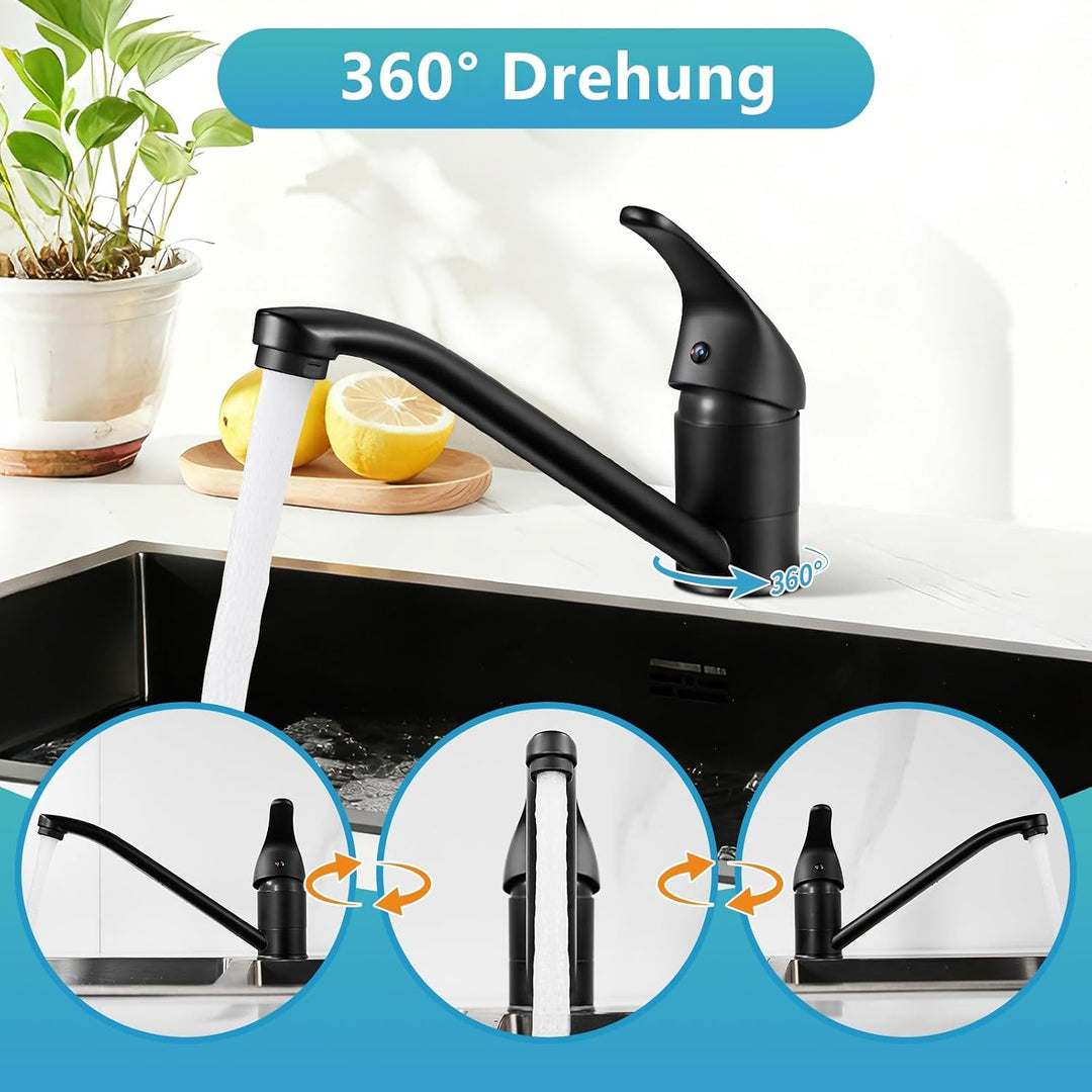 Wasserhahn Küche Schwarz, Küchenarmatur 360° Schwenkbar, Einhebel Mischbatterie Küche, Spültischarma