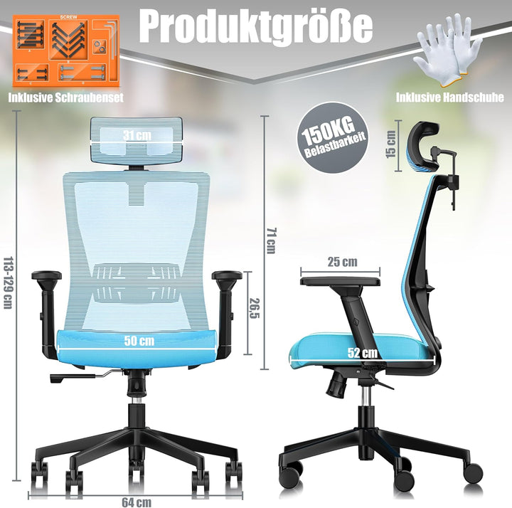 KESSER® Bürostuhl Ergonomisch mit verstellbaren Armlehnen | Drehstuhl mit Lendenwirbelstütze Rückens