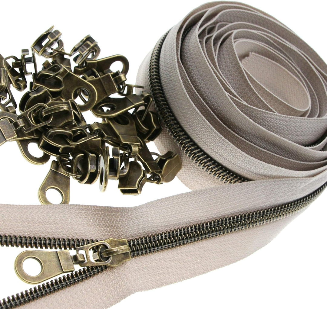 5# Metallische Nylonspulen-Reissverschlüsse 9.1m antikes Messing zähne Beige Band mit 25 Stück Schie
