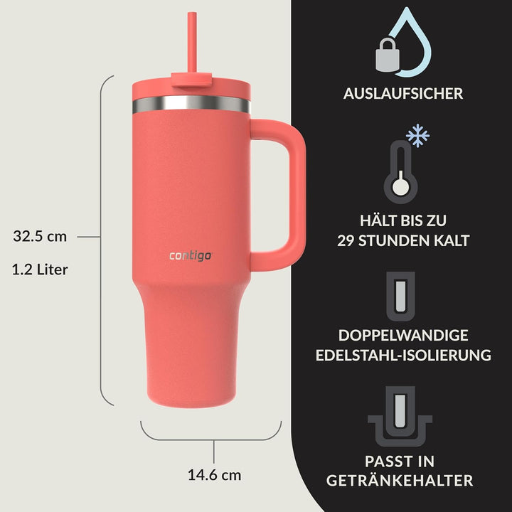 Contigo Streeterville Thermosflasche 1200 ml mit Henkel und Strohhalm | Isolierte Thermo-Trinkflasch