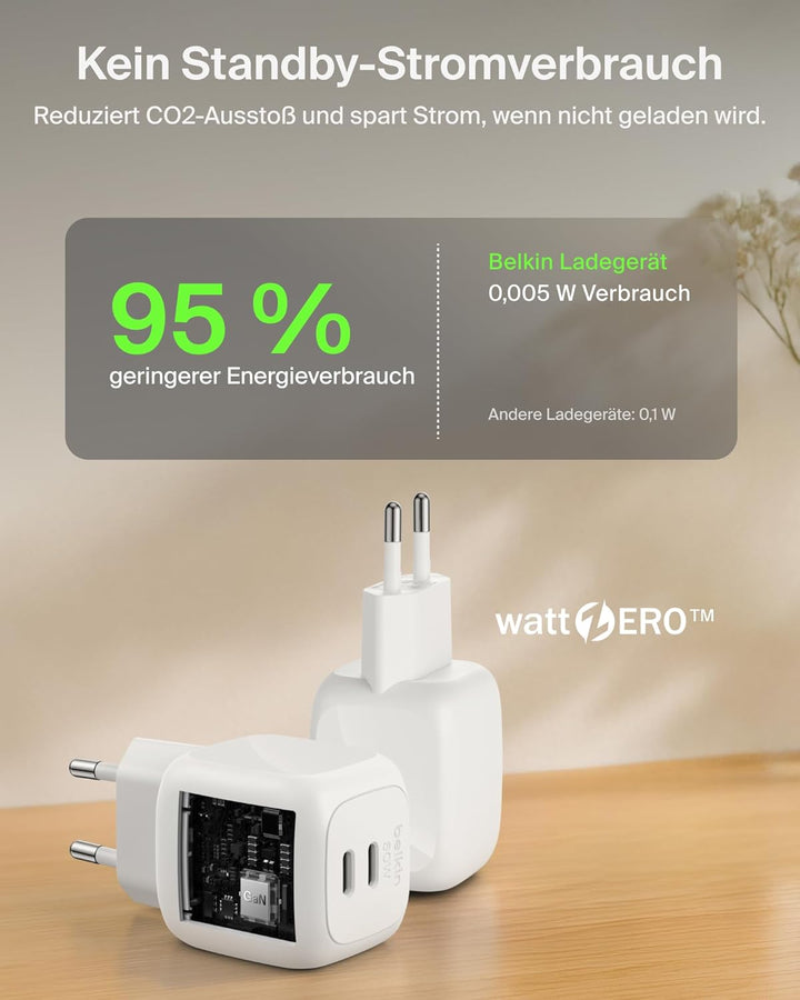 Belkin SmartProtect 2 Port USB C Ladegerät, 50W, GaN-Ladegerät mit 2 Anschlüssen, 1 m USB-C-Kabel, S