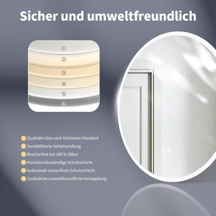 HOKO Antibeschlag LED Badspiegel rund 80 cm Bilbao mit Metall Rahmen Weiss. Touch Schalter + Memory