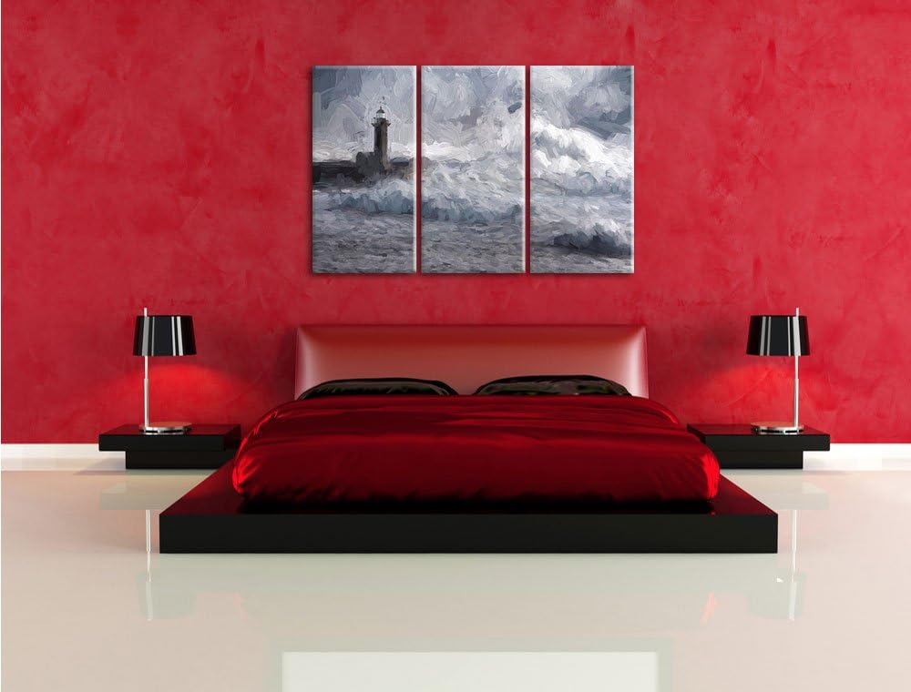 Pixxprint Sturmwellen Leuchtturm Portugal als Leinwandbild/Grösse: 3 Teilig (120x80 cm) cm/Wandbild/