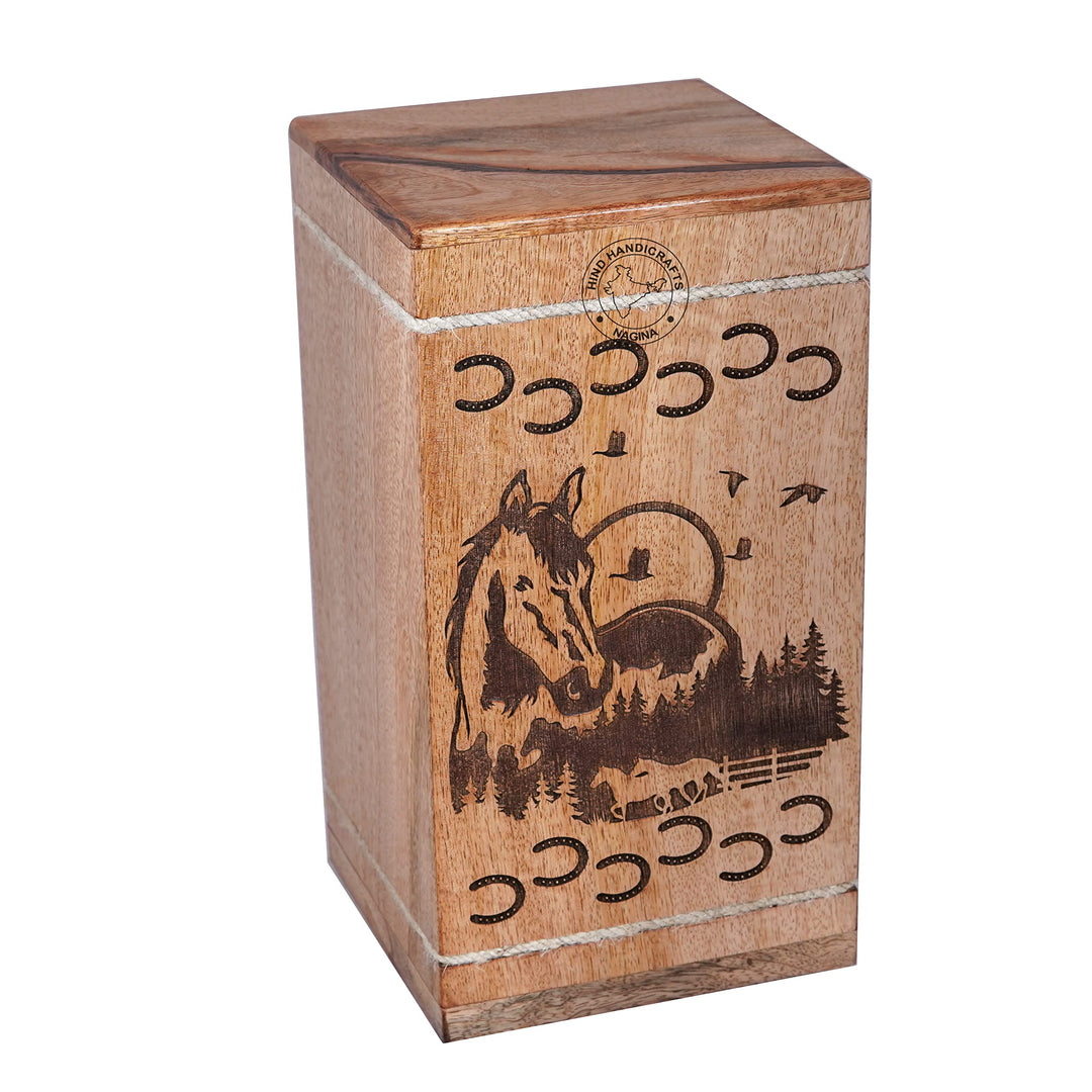 Handgefertigte Holzurne für menschliche Asche, HIND HANDICRAFTS, gross, Aufgehende Sonne Design, Urn