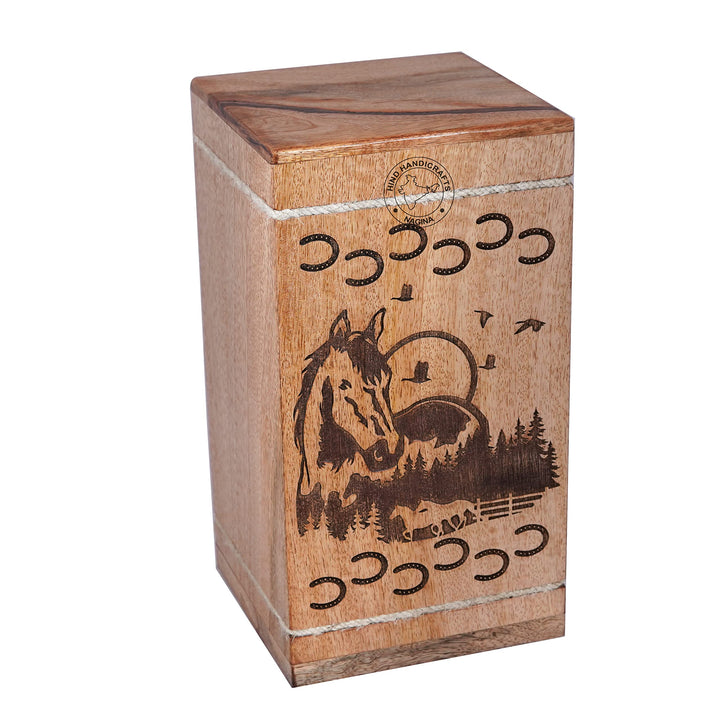 Handgefertigte Holzurne für menschliche Asche, HIND HANDICRAFTS, gross, Aufgehende Sonne Design, Urn