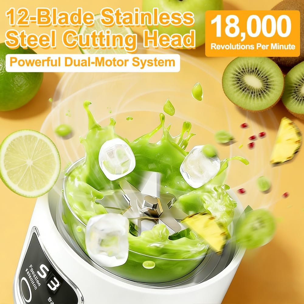 Tragbarer Mixer Smoothie Maker, 450ml USB Mini Mixer to Go mit Digitalanzeige, 12-Klingen Portable B