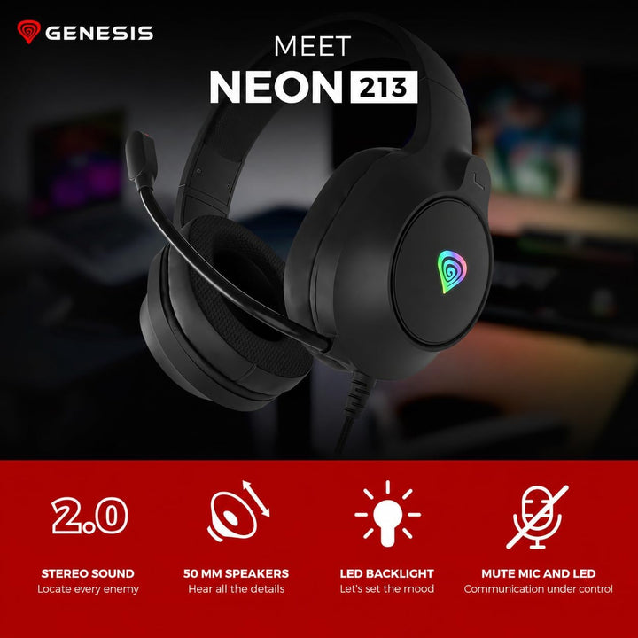 Genesis Neon 213 RGB Gaming Headset, Over-Ear Kopfhörer mit Mikrofon, 50mm Treiber, LED Beleuchtung,
