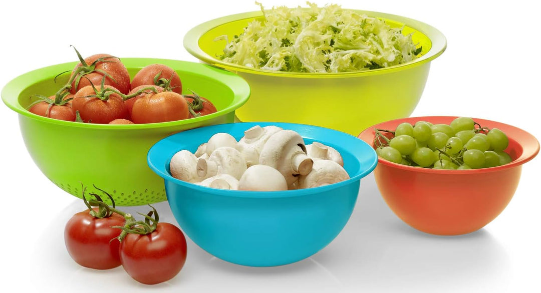 Rotho Caruba Set mit 3 Schalen und 1 Sieb, Kunststoff (PP) BPA-frei, mehrfarbig, (30.0 x 30.0 x 13.0