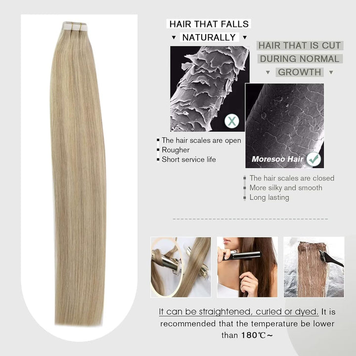 Moresoo Tape Extensions Echthaar Blond 40 cm Skin Weft Haarverlängerung Echthaar Tape in Extensions