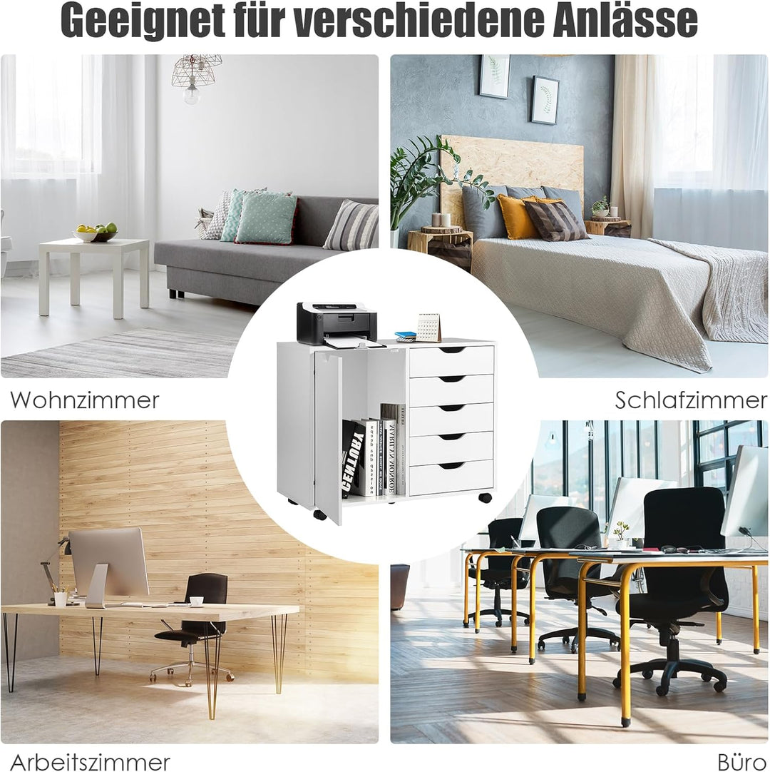 GOPLUS Rollcontainer mit Schubladen, mobiler Aktenschrank mit Schrank, Büroschrank mit 5 Rollen, für