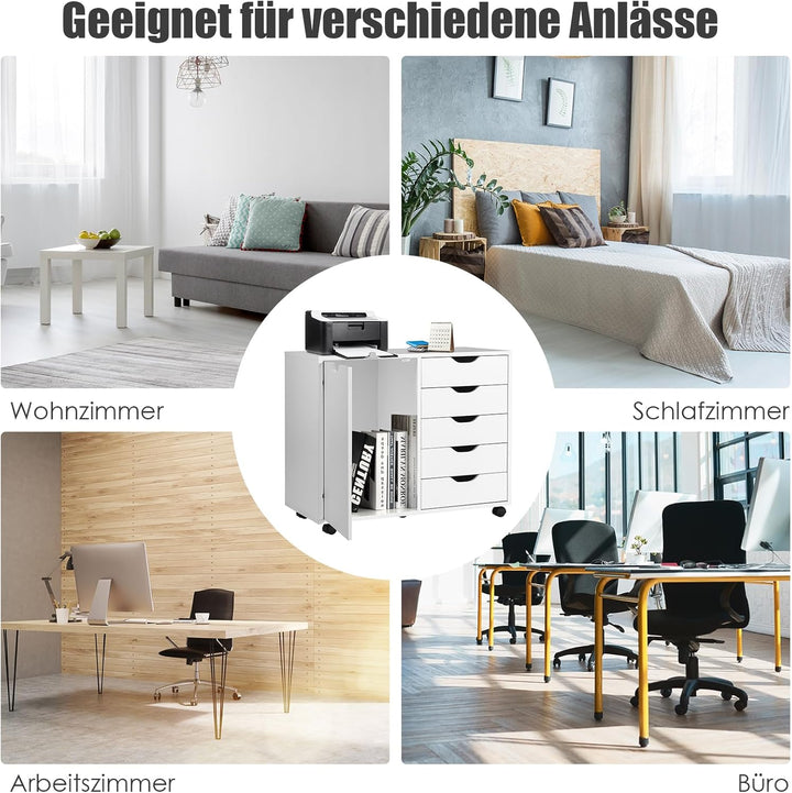 GOPLUS Rollcontainer mit Schubladen, mobiler Aktenschrank mit Schrank, Büroschrank mit 5 Rollen, für