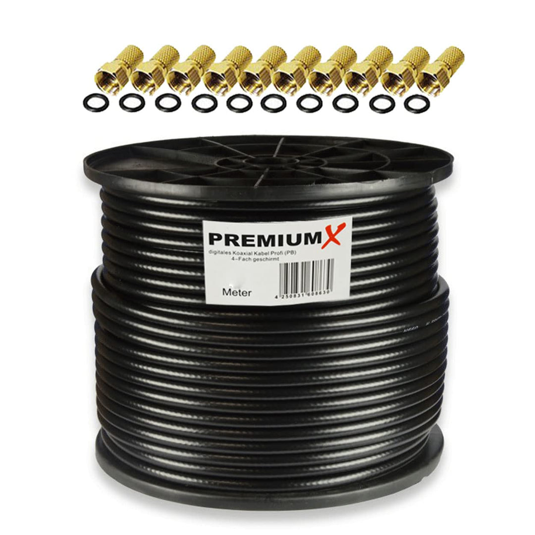 PremiumX 100m Profi Koaxialkabel Schwarz 135dB 4-Fach REINES Kupfer Koax Kabel Satellitenkabel SAT A